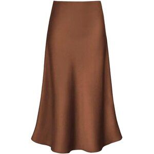 Womens Satin Midi Skirt High Waist A Line Flared Elastic Waist Casual
